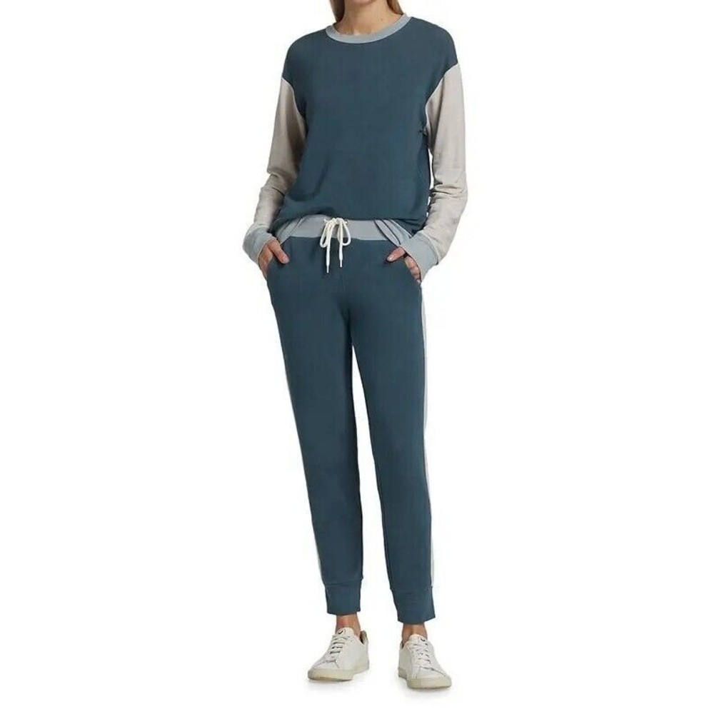 MONROW Women Colorblock Relaxed SWEATER / PANTS SET Long Sleeve BLUE Sz XS NEW